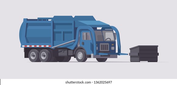 Vector isolated blue utility front loader garbage truck with garbage container