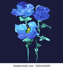 Vector isolated of blue watercolor flowers-Pansies. Hand-drawn. Botanical pattern. Design for posters, postcards, textiles, fabrics, prints, decor, paper, packaging.
