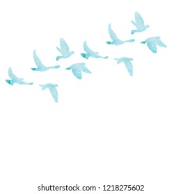 vector, isolated, blue watercolor silhouette of flocks of birds