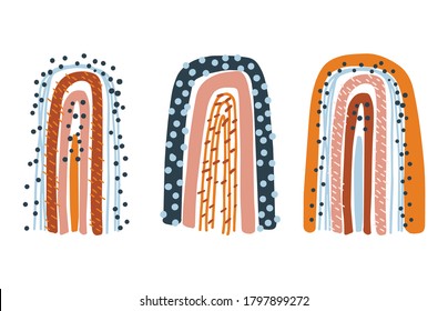 Vector isolated boho rainbows. Abstract arcs in pastel colors.