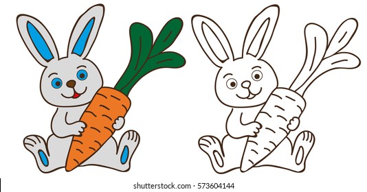 vector, isolated, book coloring Bunny with carrot for children