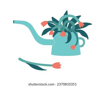 Vector isolated botanical illustration with flower bouquet in water can. Flat tulips in flover pot created in pastel colors. Greeting card for International Women day in 8th March. 