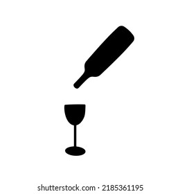 Vector isolated bottle of wine and a glass colorless black outline silhouette shadow