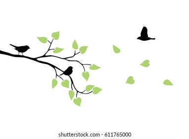 vector isolated bough with birds and flying leaves