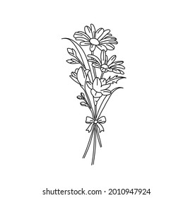 Vector isolated bouquet of wild  flowers line drawing. Colorless black and white bouquet outline graphic sketch