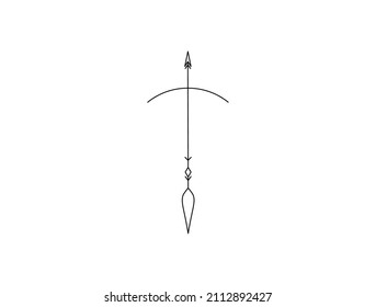 Línea de contorno de arco y flecha aislada con vectores, dibujo minimalista incoloro en blanco y negro. Cruce de flecha y reverso 