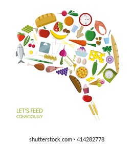 vector isolated  brain consisting of foods and other objects