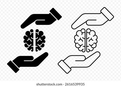 Vector isolated Brain in Hand icon set in black outline and fill