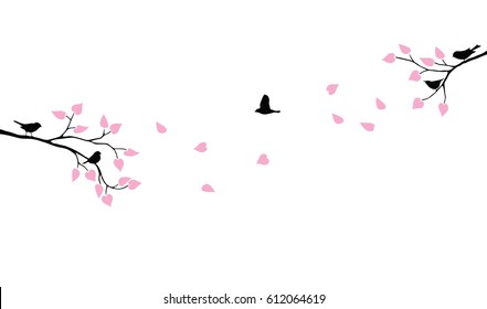 vector isolated branches and birds with pink leaves