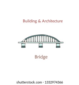 Vector isolated bridge. Cartoon arch bridge in retro style with grunge textures and rust effect. Hand drawn clip art