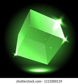 vector isolated bright colorful realistic crystal. Magic glossy jewel for mobile game design or user interface. Shiny glass cube emerald