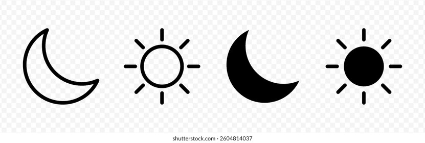 Vector isolated Brightness icon set in black outline and fill