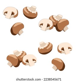 Vector isolated brown champignons and mushrooms in a flat slide with shadows on a white background