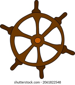 Vector isolated brown wooden ship wheel illustration. Navigation element on ship. Steerling wheel
