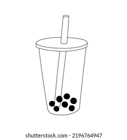 Vector isolated bubble tee boba in cup and lid   tube colorless black   white contour line drawing