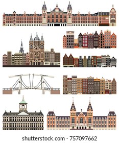 vector isolated buildings and landmarks of Amsterdam city