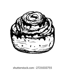 Esboço de botão isolado do vetor. Cinnabon desenhado à mão para o café da manhã. Desenho realista de um pão torcido em um fundo branco.