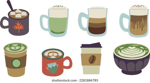 Vector isolated bundle of hot beverages. Coffee, Latte, Matcha latte, Hot chocolate, in different containers