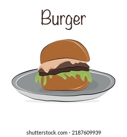 Hamburguesa aislada por vectores en una placa. Fondo blanco. Tarjeta con texto. Comida rápida. Ilustración plana colorida.