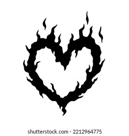 Vector aislado de llamas de fuego del corazón ardiente forma de sombra de la silueta de contorno blanco y negro incolora