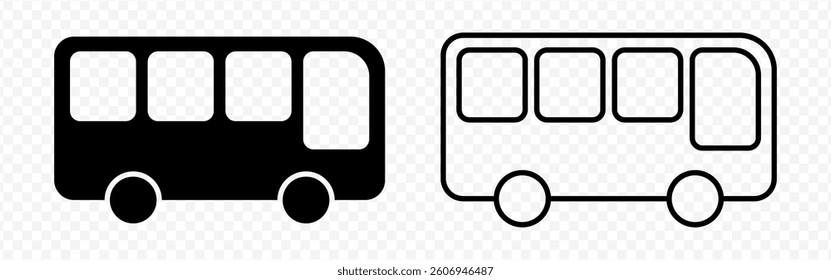 Vector isolated Bus side view icon set in black outline and fill