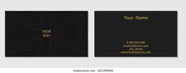 Vector isolated business card template. 3D volumetric geometric pattern, stylish embossed black background. Design of invitation, prestigious gift card, voucher.