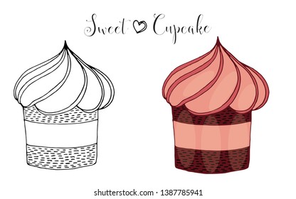 Vector isolated cake or cupcake, dessert with berry. Sweet dessert coloring book. Vector isolated dessert.
