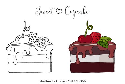 Vector isolated cake or cupcake, dessert with berry. Sweet dessert coloring book. Vector isolated dessert.