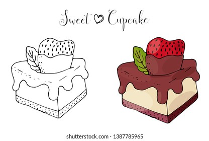 Vector isolated cake or cupcake, dessert with berry. Sweet dessert coloring book. Vector isolated dessert.