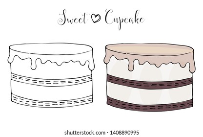 Vector isolated cake or cupcake, dessert coloring. Sweet dessert coloring book. Vector isolated dessert.