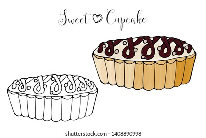 Vector isolated cake or cupcake, dessert coloring. Sweet dessert coloring book. Vector isolated dessert.
