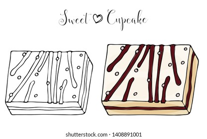 Vector isolated cake or cupcake, dessert coloring. Sweet dessert coloring book. Vector isolated dessert.