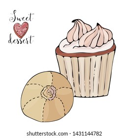 Vector isolated cake or cupcake, dessert coloring. Sweet dessert coloring book. Vector isolated dessert.