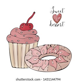 Vector isolated cake or cupcake, dessert coloring. Sweet dessert coloring book. Vector isolated dessert.