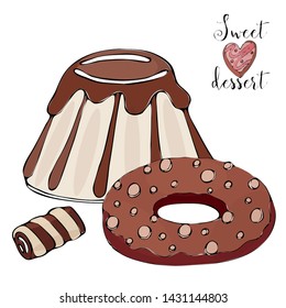 Vector isolated cake or cupcake, dessert coloring. Sweet dessert coloring book. Vector isolated dessert.