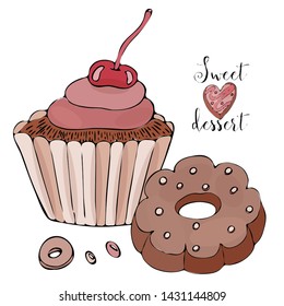 Vector isolated cake or cupcake, dessert coloring. Sweet dessert coloring book. Vector isolated dessert.