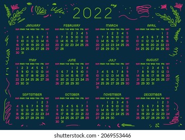 Vector isolated calendar 2022 on dark board. Colored month and days. Sundat to monday.