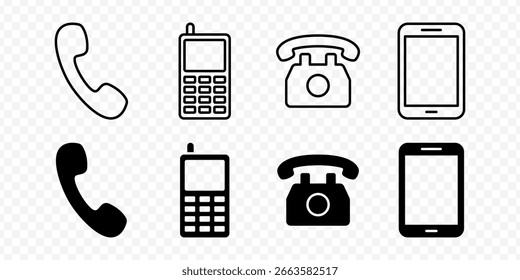 Vector isolated Call icon set in black outline and fill