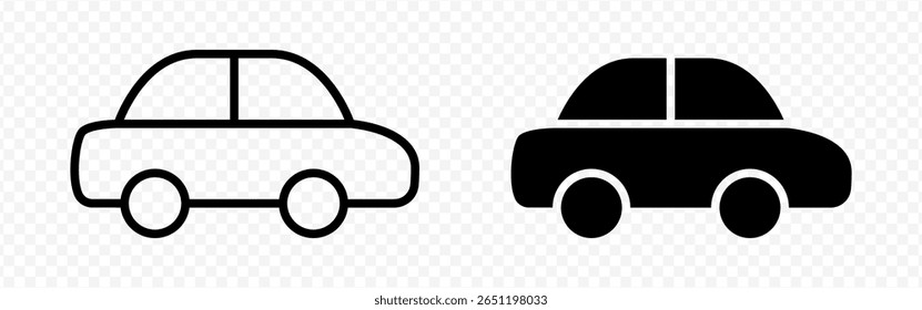 Ícone de carro isolado do vetor definido em contorno preto e preenchimento