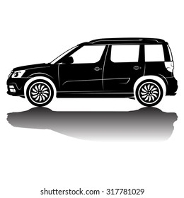 Vector isolated car silhouette image. Black silhouette. Car with reflection
