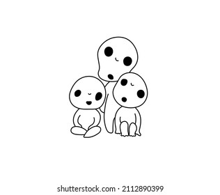 Vector isolated cartoon anime ghosts spirits characters  Colorless black   white three ghost three spirits colorless black   white contour line drawing