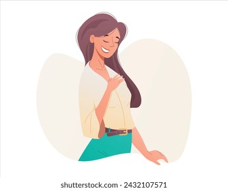 Vector isolated cartoon beautiful woman. Smiling embarrassed grateful girl holding her hand at chest.