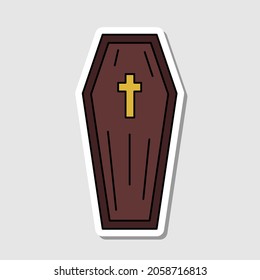 Vector isolated cartoon coffin sticker. Halloween flat icon. Casket silhouette. Dia de los muertos symbol