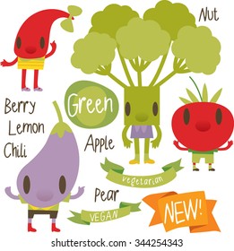 vector isolated cartoon comic amusing collection of fruits and vegetables for books, apps, labels, stickers: chili, broccoli, tomato, eggplant