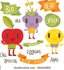 vector isolated cartoon comic amusing collection of fruits and vegetables for books, apps, labels, stickers: lemon, apple, blackberry