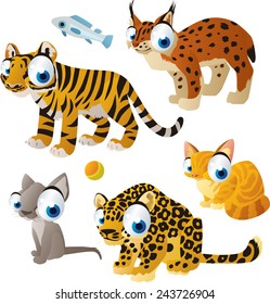 vector isolated cartoon cute animals set: cats: tiger, lynx, jaguar, cat, kitten