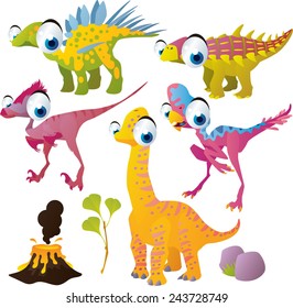 vector isolated cartoon cute animals set: dinosaurs: kentorsaurus, brachiosaurus, oviraptor,  unenlagia, nodosaurus