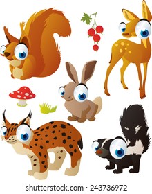 vector isolated cartoon cute animals set: forest: deer, squirrel, lynx, skunk, hare