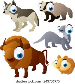 vector isolated cartoon cute animals set: forest: wolf, bison, otter, badger, hamster