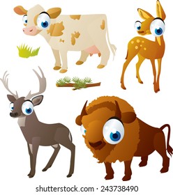 vector isolated cartoon cute animals set: ungulates: cow, deer, bison, doe